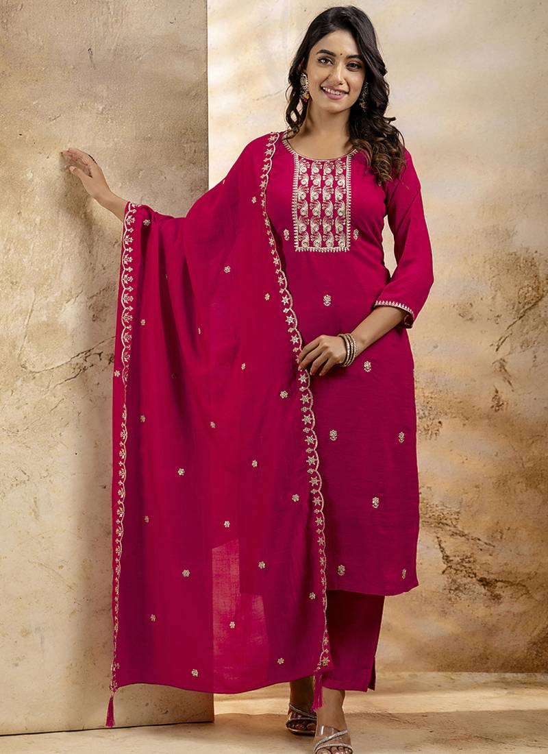 Silk blend pink party wear embroidery work kurta set