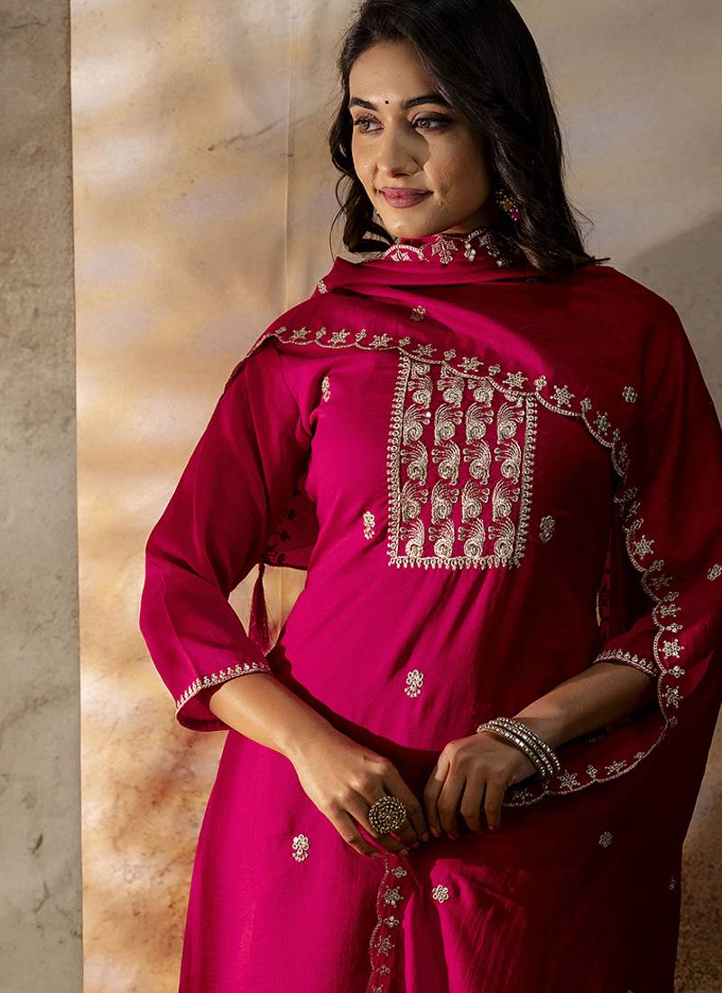 Silk blend pink party wear embroidery work kurta set
