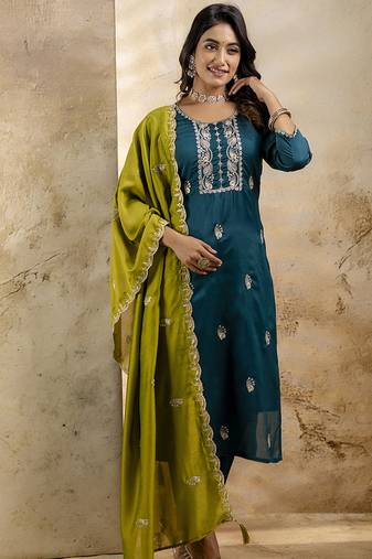 Silk blend teal party wear embroidery work kurta set