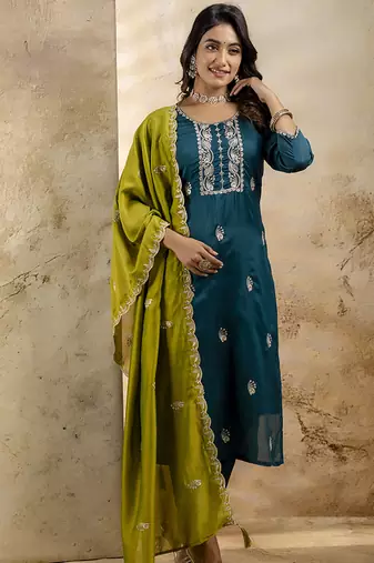 Silk blend teal party wear embroidery work kurta set