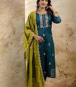 Silk blend teal party wear embroidery work kurta set