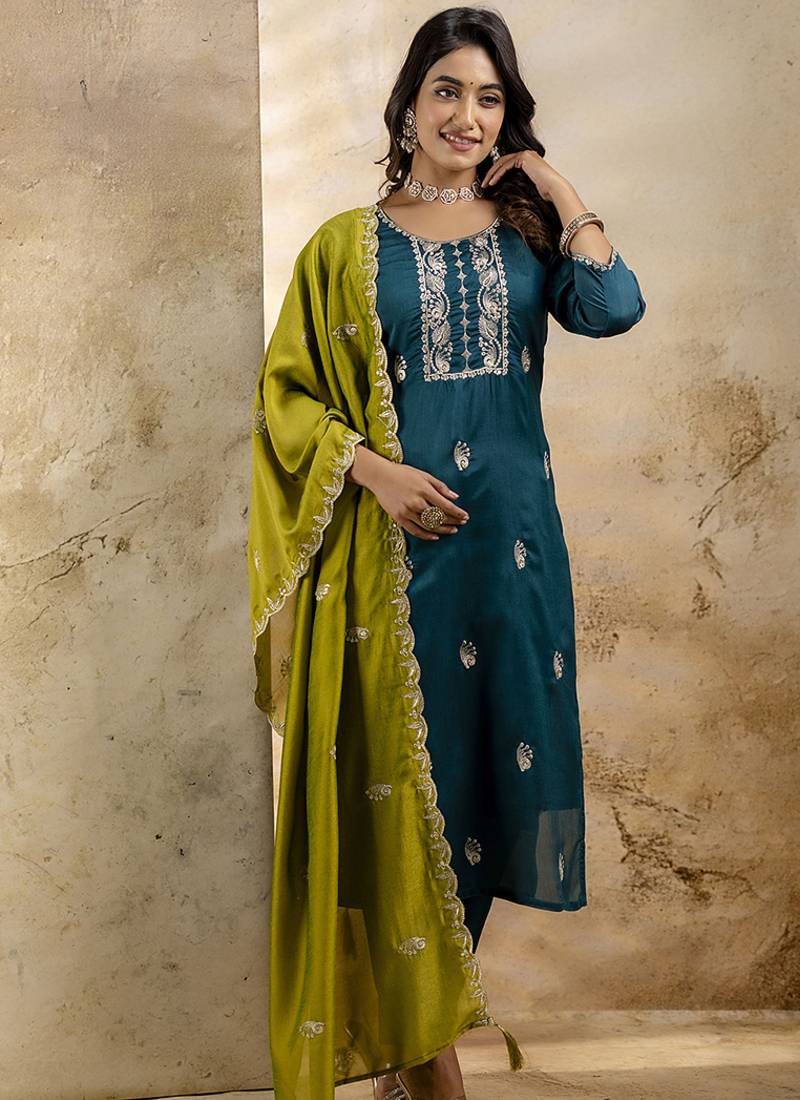 Silk blend teal party wear embroidery work kurta set