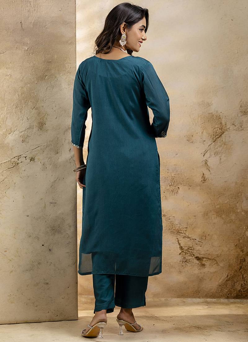 Silk blend teal party wear embroidery work kurta set