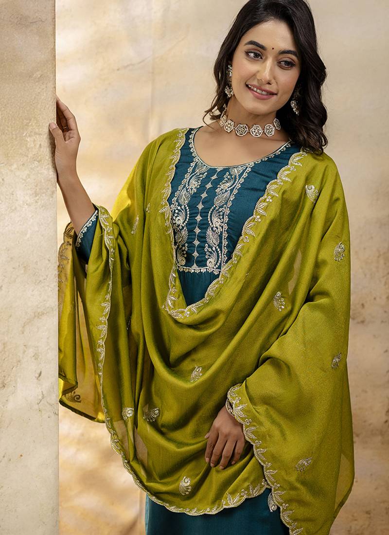 Silk blend teal party wear embroidery work kurta set
