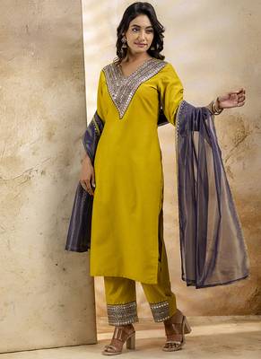 Viscose rayon mustard casual wear embroidery work kurta set 1