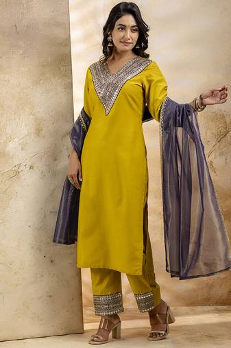 Viscose rayon mustard casual wear embroidery work kurta set