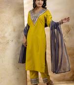 Viscose rayon mustard casual wear embroidery work kurta set