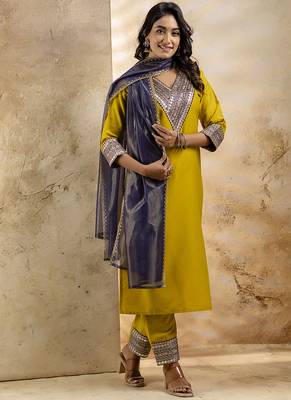 Viscose rayon mustard casual wear embroidery work kurta set 2