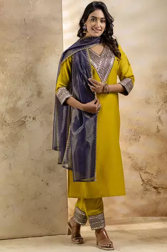 Viscose rayon mustard casual wear embroidery work kurta set