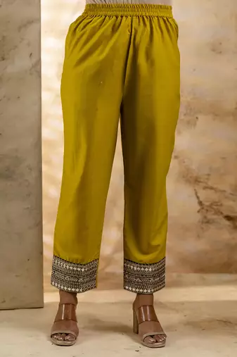 Viscose rayon mustard casual wear embroidery work kurta set