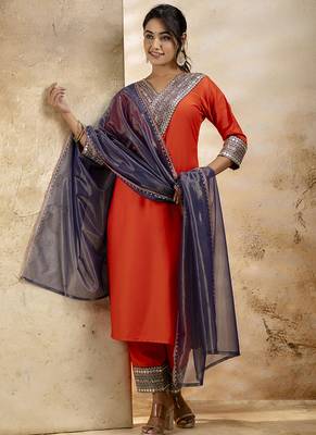Viscose rayon orange casual wear embroidery work kurta set 1