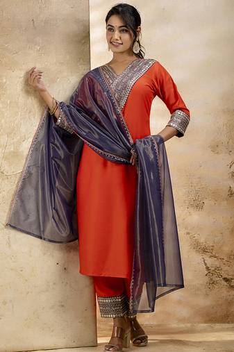 Viscose rayon orange casual wear embroidery work kurta set