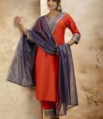 Viscose rayon orange casual wear embroidery work kurta set