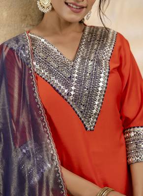 Viscose rayon orange casual wear embroidery work kurta set 2
