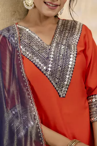 Viscose rayon orange casual wear embroidery work kurta set