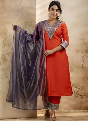 Viscose rayon orange casual wear embroidery work kurta set 3