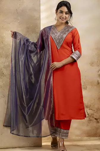 Viscose rayon orange casual wear embroidery work kurta set