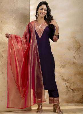Viscose rayon violet casual wear embroidery work kurta set 1