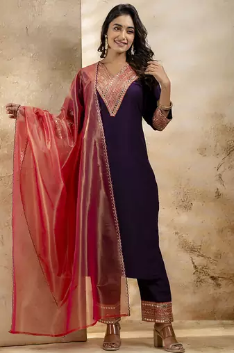 Viscose rayon violet casual wear embroidery work kurta set