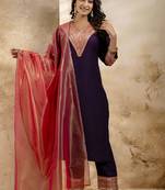 Viscose rayon violet casual wear embroidery work kurta set