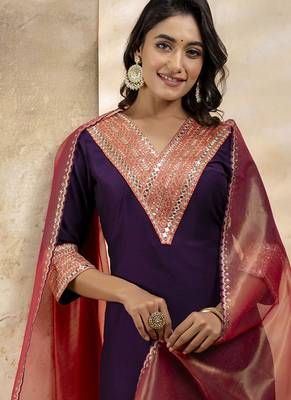 Viscose rayon violet casual wear embroidery work kurta set 2