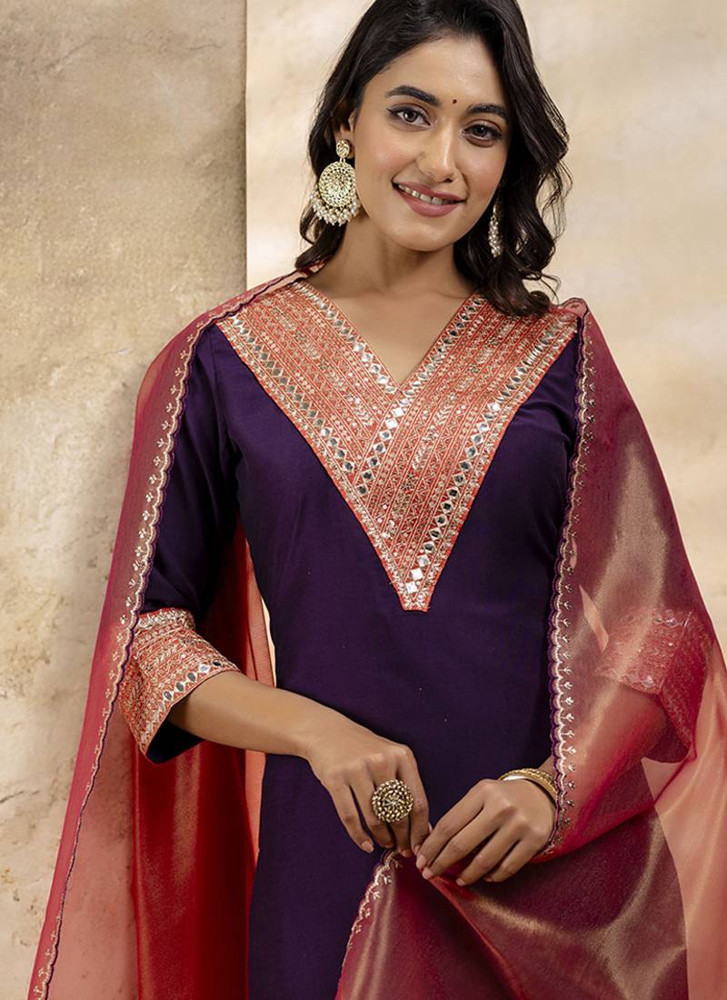 Viscose rayon violet casual wear embroidery work kurta set