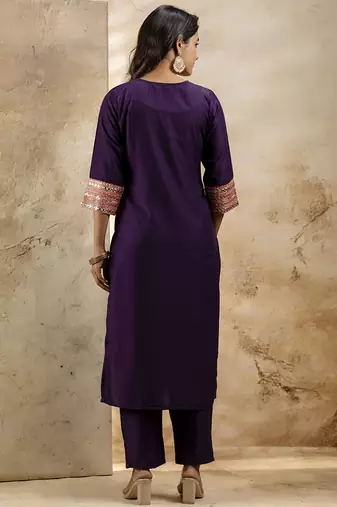 Viscose rayon violet casual wear embroidery work kurta set