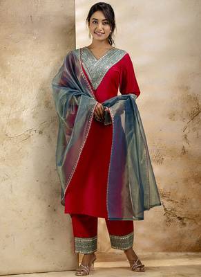 Viscose rayon red casual wear embroidery work kurta set 1