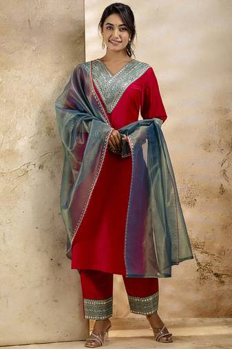 Viscose rayon red casual wear embroidery work kurta set