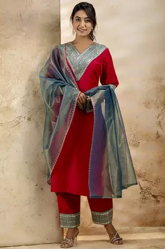 Viscose rayon red casual wear embroidery work kurta set