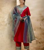 Viscose rayon red casual wear embroidery work kurta set