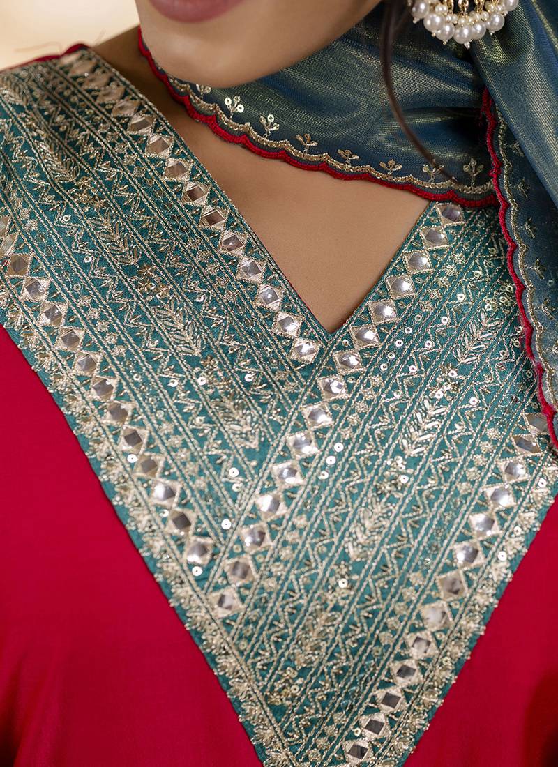 Viscose rayon red casual wear embroidery work kurta set