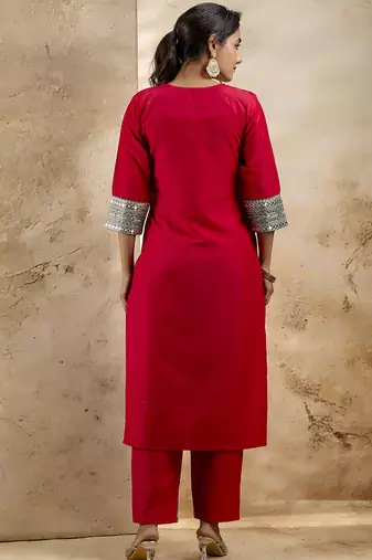 Viscose rayon red casual wear embroidery work kurta set