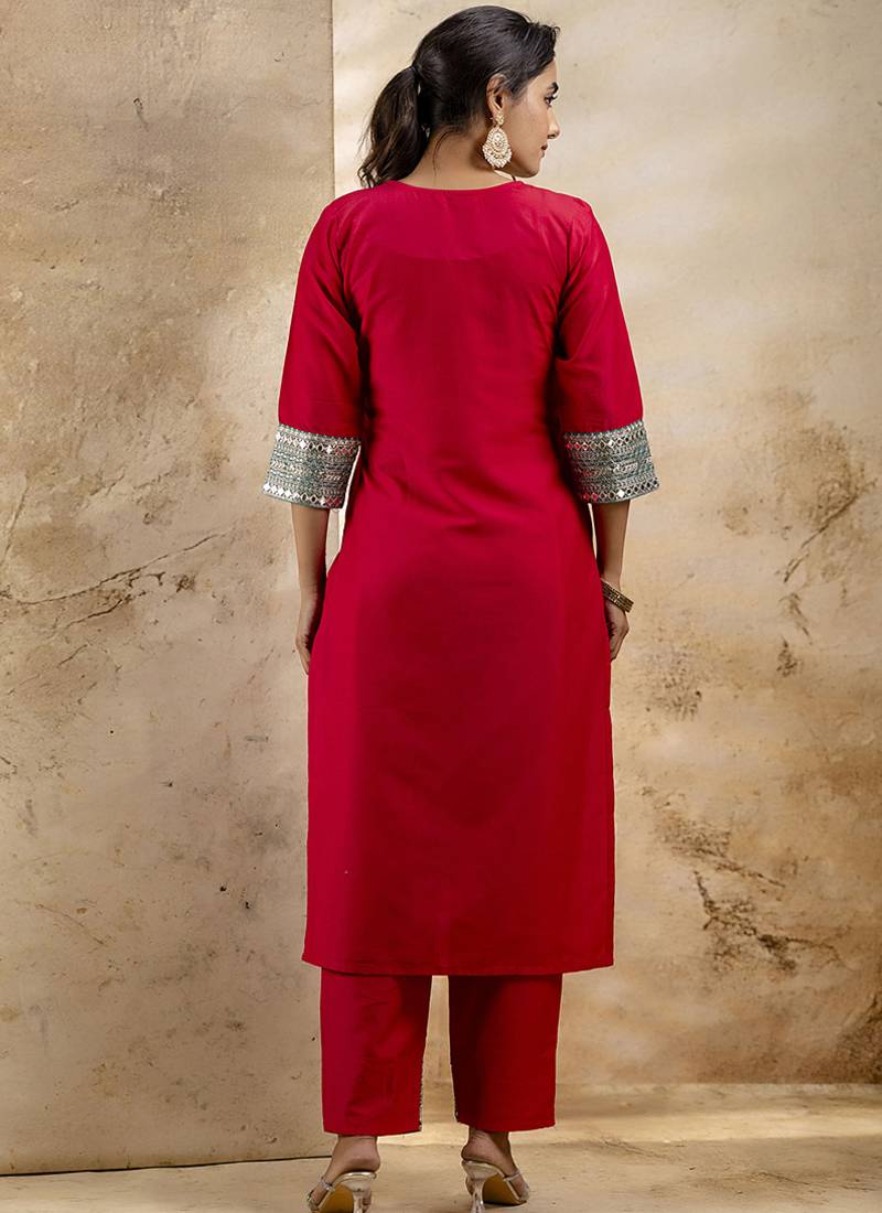 Viscose rayon red casual wear embroidery work kurta set