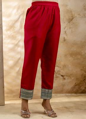 Viscose rayon red casual wear embroidery work kurta set 4