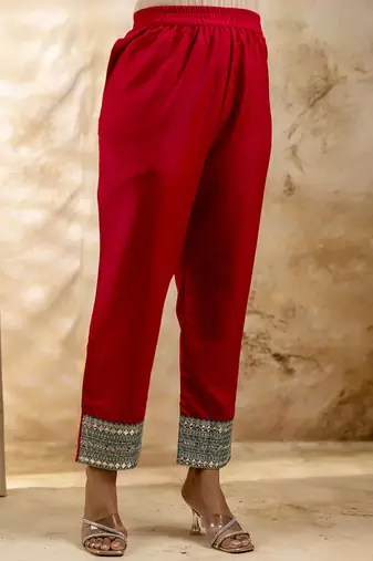Viscose rayon red casual wear embroidery work kurta set