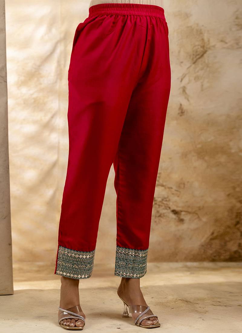Viscose rayon red casual wear embroidery work kurta set
