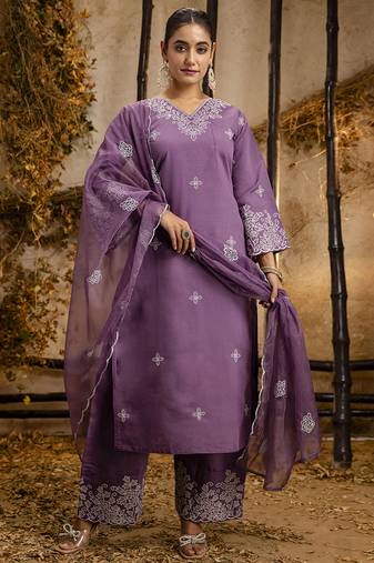 Silk blend lavender casual wear embroidery work kurta set
