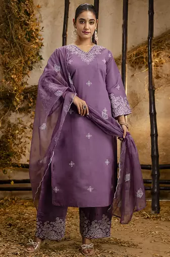 Silk blend lavender casual wear embroidery work kurta set