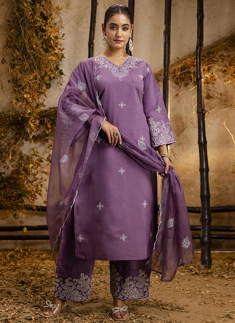 Silk blend lavender casual wear embroidery work kurta set