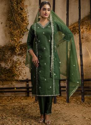 Silk blend dark green casual wear embroidery work kurta set 1