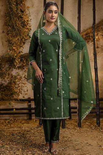 Silk blend dark green casual wear embroidery work kurta set
