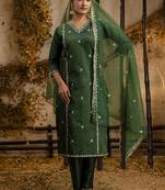 Silk blend dark green casual wear embroidery work kurta set