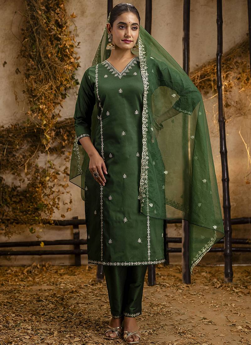 Silk blend dark green casual wear embroidery work kurta set
