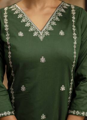 Silk blend dark green casual wear embroidery work kurta set 2
