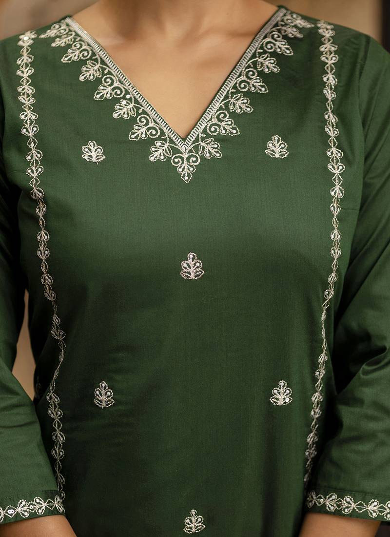 Silk blend dark green casual wear embroidery work kurta set