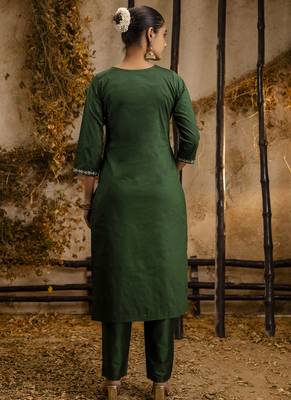 Silk blend dark green casual wear embroidery work kurta set 3