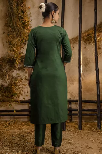 Silk blend dark green casual wear embroidery work kurta set