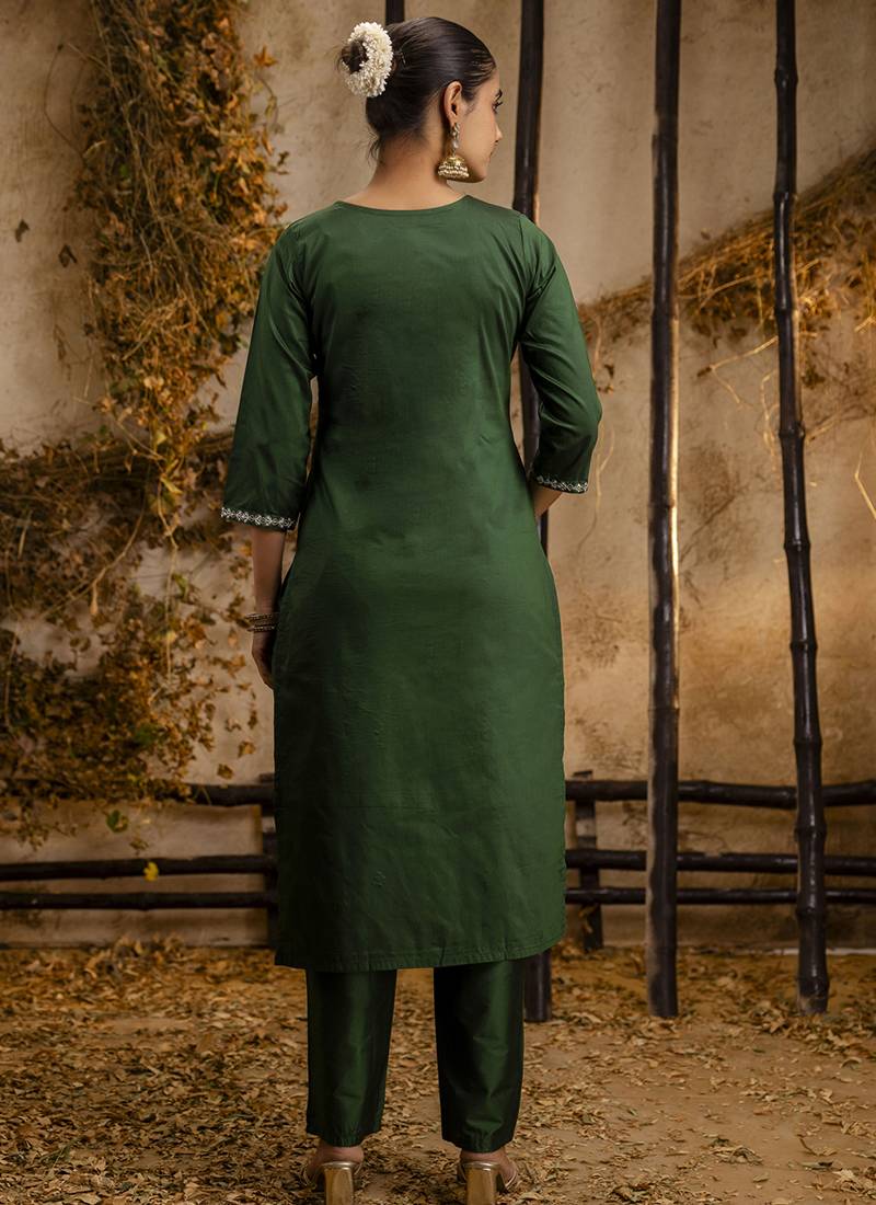 Silk blend dark green casual wear embroidery work kurta set