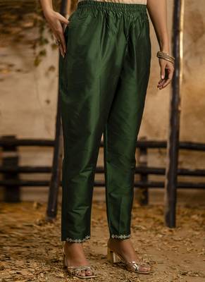 Silk blend dark green casual wear embroidery work kurta set 4